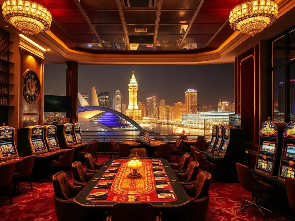 "opulent casino interior at night, golden light, elegant VIP gaming tables and slot machines, shimmering city harbor view, velvet lounge atmosphere, dramatic lighting" You MAY ONLY reply with the format given.