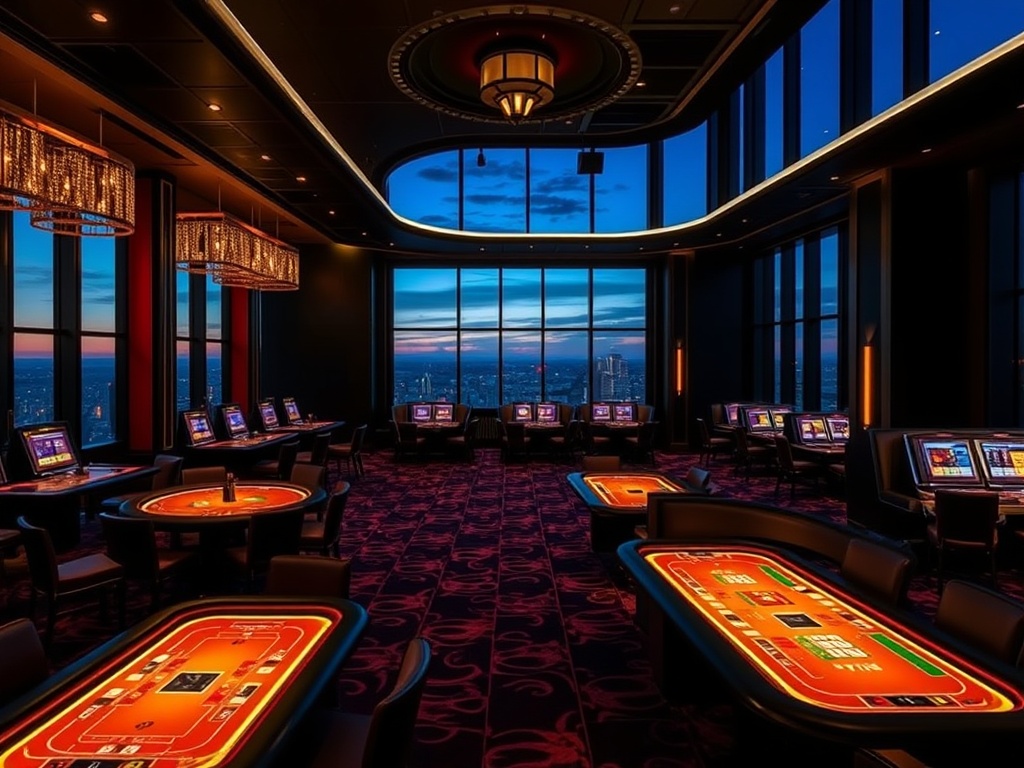 "noir-glam luxury casino interior at dusk", "glowing high-stakes gaming tables", "sleek VIP lounge with plush seating", "five-star suite view windows", "warm upscale nightlife ambiance".