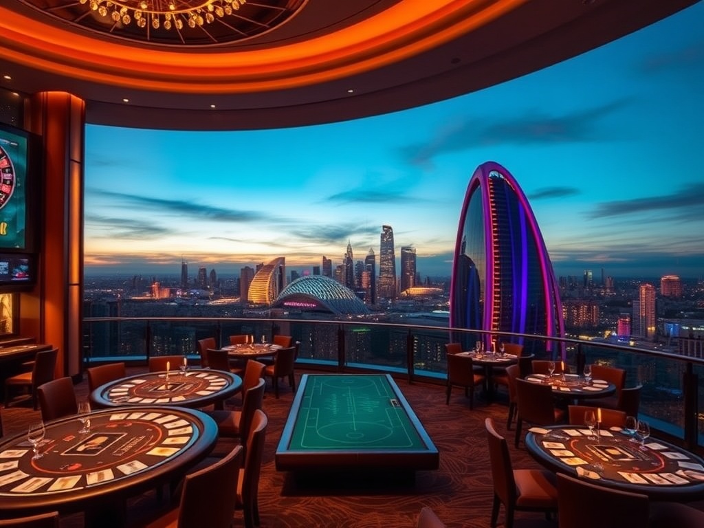 “A glamorous luxury casino hotel at dusk in Australia, glowing high-stakes tables, elegant VIP suite skyline windows, fine dining plates, lively nightlife lounges.”