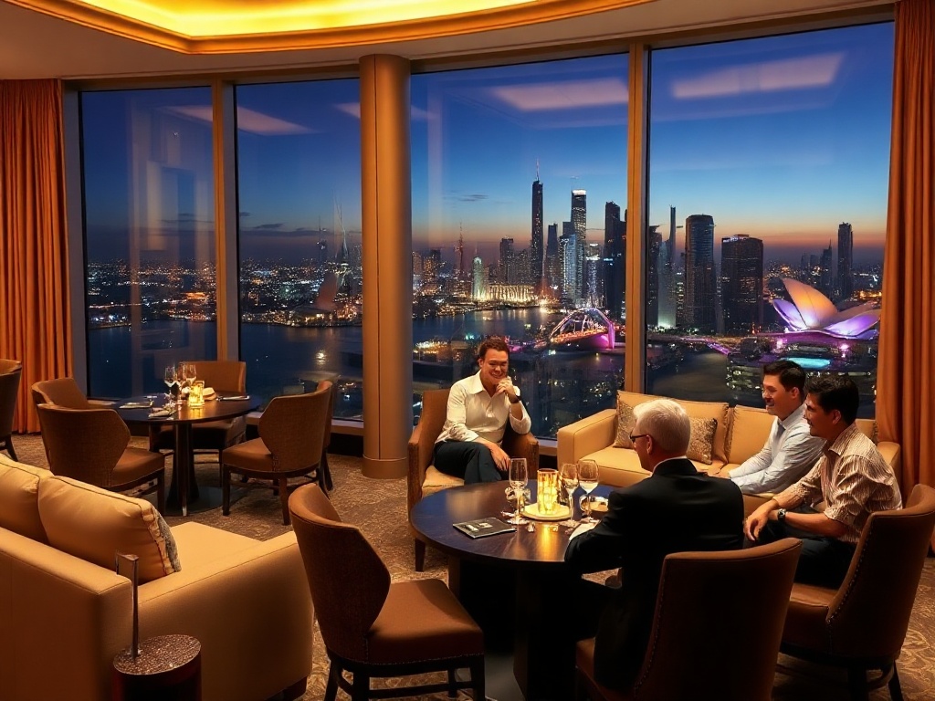 “luxury casino hotel lounge at night with warm lighting” “VIP suite living area” “panoramic Australian skyline view” “smiling upscale guests” “subtle gaming ambiance”