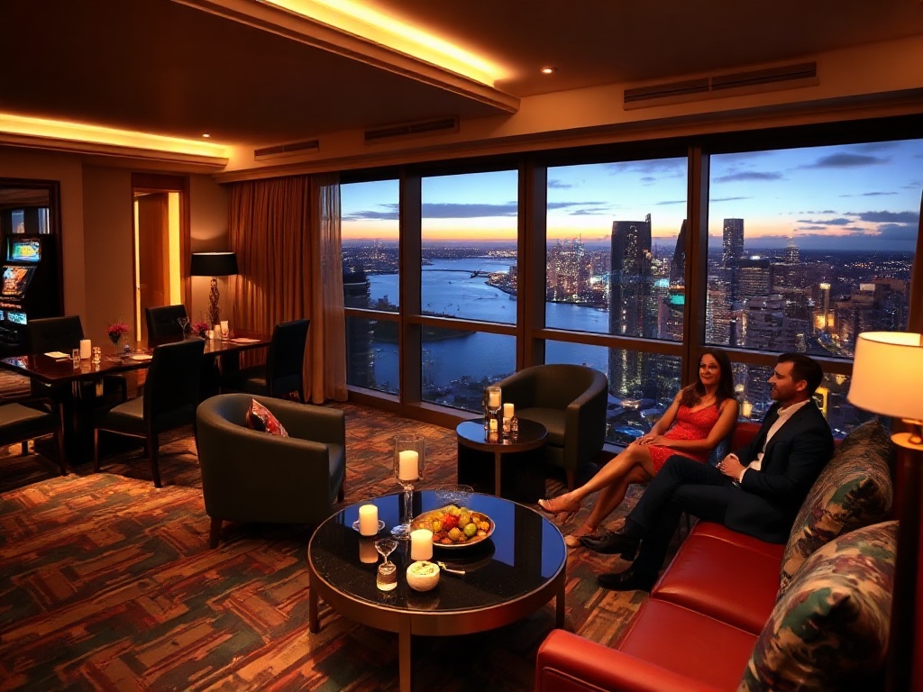“luxury casino hotel lounge at night with warm lighting” “VIP suite living area” “panoramic Australian skyline view” “smiling upscale guests” “subtle gaming ambiance”