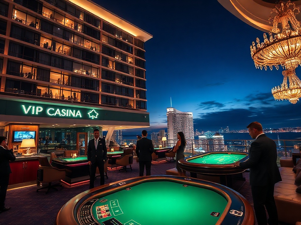 Luxurious Australian casino hotel at night, neon reflections, elegant VIP lounge windows, shimmering poker table glow, suited concierge, skyline and ocean lights, cinematic lighting.