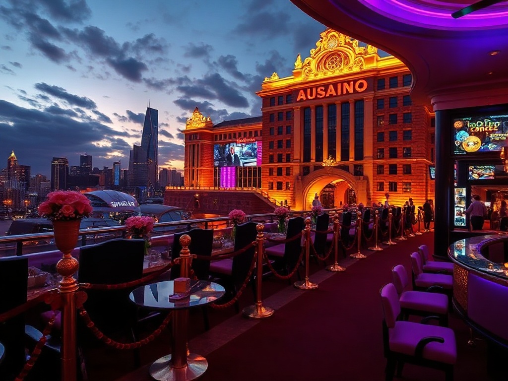 A glamorous luxury casino hotel hero scene in Australia at dusk; panoramic skyline, elegant neon glow, velvet ropes, VIP lounge ambiance, expectant high-roller mood. "