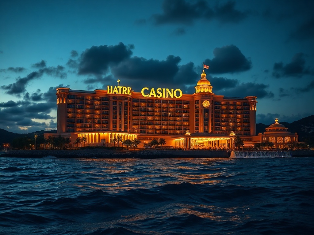 "Nighttime luxury casino hotel on an Australian coastline, glowing windows, ocean waves, elegant VIP terrace, gold accents, velvet lighting, cinematic realism."