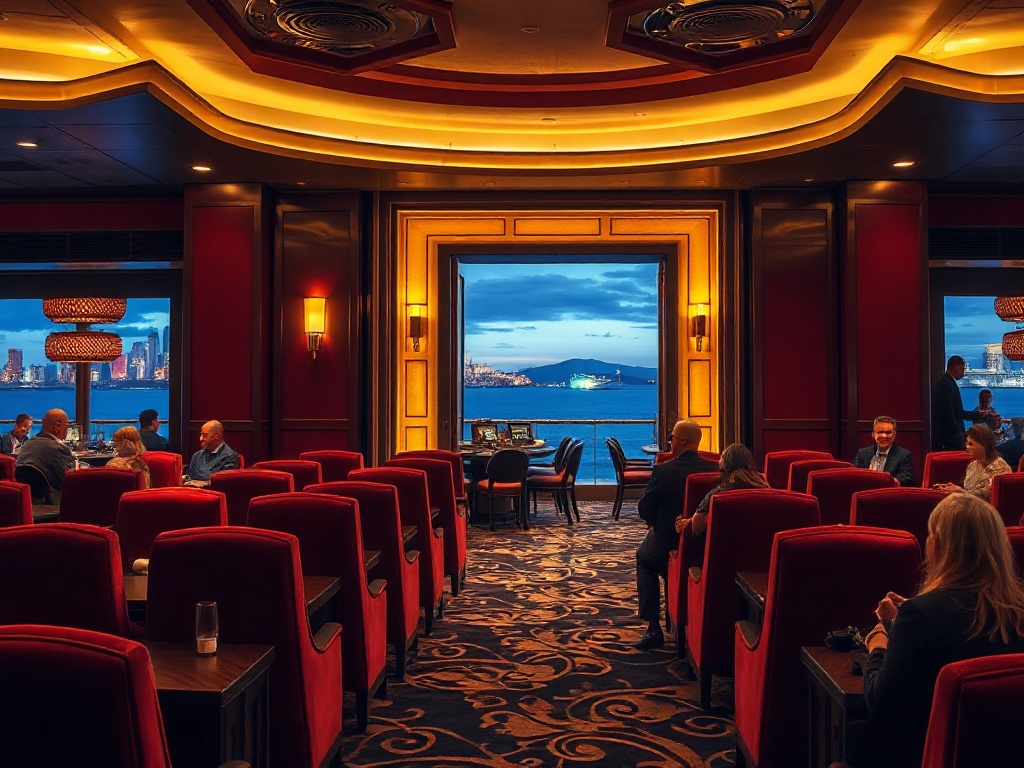 A glamorous luxury casino lounge at night with velvet seats, warm golden lighting, elegant VIP suite doorway, ocean city skyline, smiling patrons.