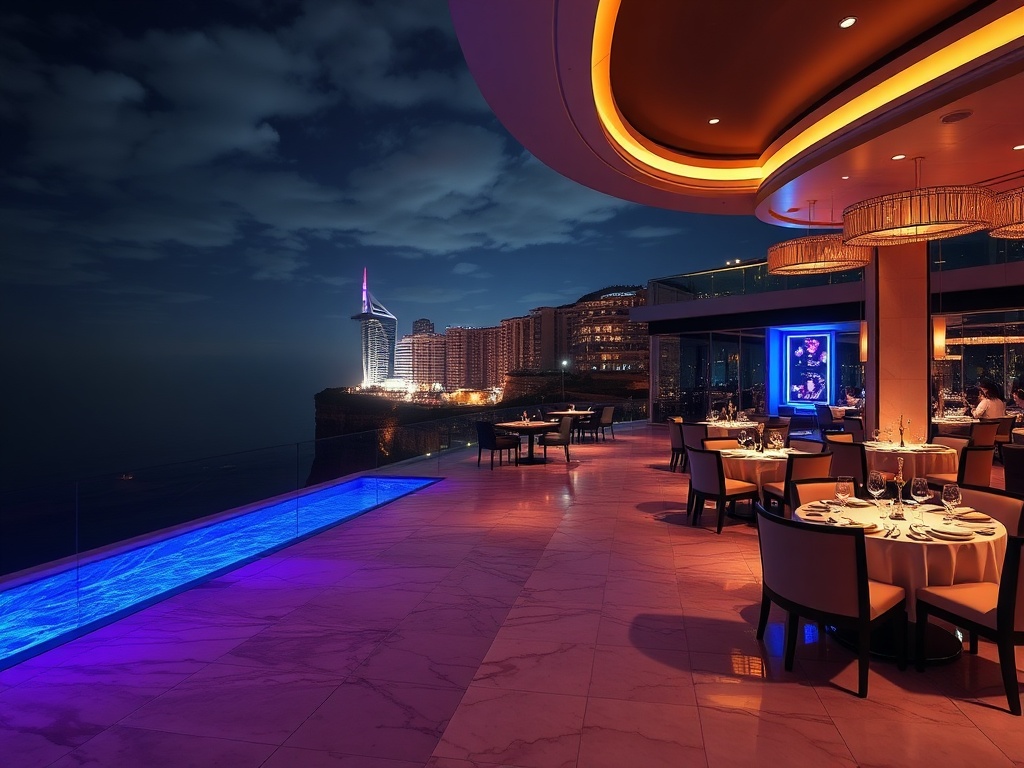 A luxury Australian casino hotel at night, neon reflections on marble, VIP suite balcony overlooking ocean cliffs, elegant tables, warm fine-dining ambiance, discreet staff, cinematic lighting. " "You MUST not include ANY brand images or logos. You may ON