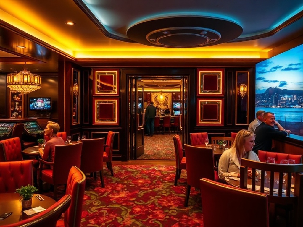A glamorous luxury casino lounge at night with velvet seats, warm golden lighting, elegant VIP suite doorway, ocean city skyline, smiling patrons.