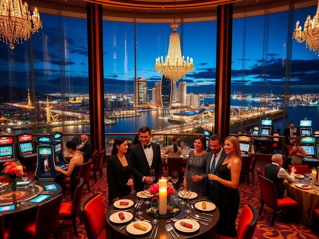 A glamorous luxury casino hotel lobby at night with panoramic Australian coastline lights, elegant VIP guests smiling, sparkling chandeliers, velvet gaming tables, fine dining plates, warm ambience.