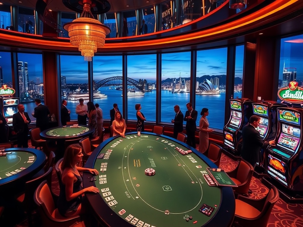 A glamorous Australian luxury casino interior blending “high-stakes tables” and “sparkling modern slots”, beside “five-star hotel suites” windows with iconic harbor skyline at night, elegant guests, warm lighting, cinematic realism.
