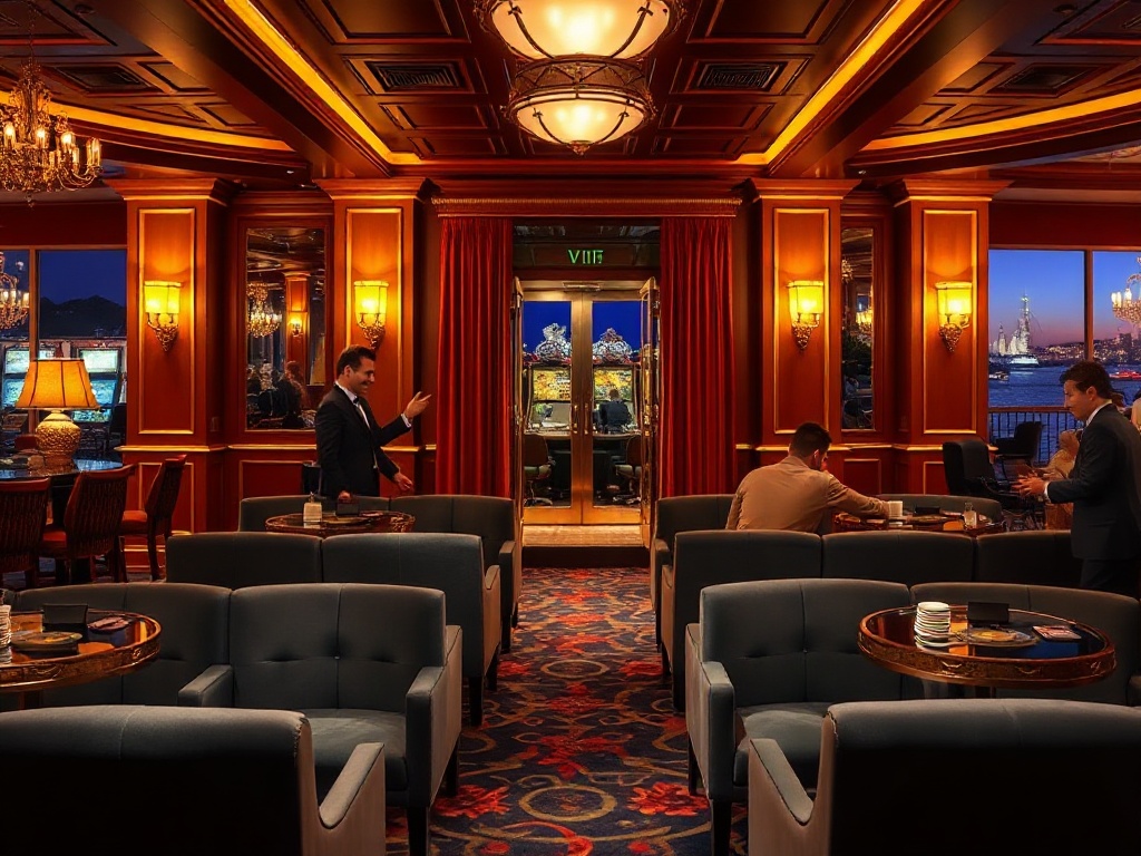 A glamorous luxury casino lounge at night with velvet seats, warm golden lighting, elegant VIP suite doorway, ocean city skyline, smiling patrons.