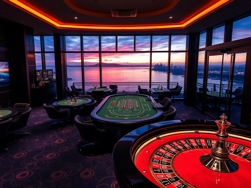 "Cinematic luxury casino interior with glowing card tables, elegant roulette, velvet lounge, panoramic Australian coastline at dusk through large windows, impeccable service atmosphere, VIP suite doors."