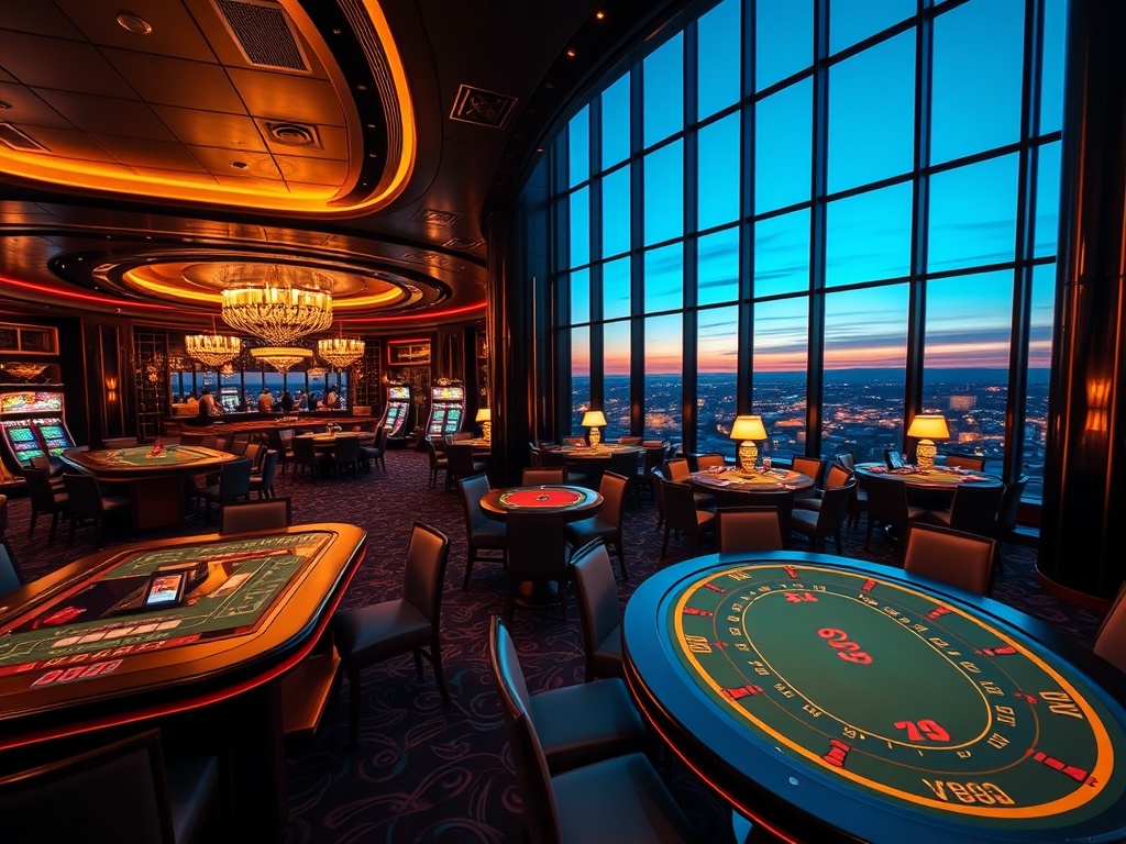 "noir-glam luxury casino interior at dusk", "glowing high-stakes gaming tables", "sleek VIP lounge with plush seating", "five-star suite view windows", "warm upscale nightlife ambiance".