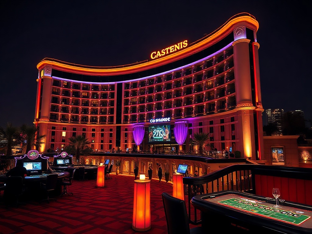 “a glamorous Australian luxury casino hotel at night, neon-lit elegance, VIP suite balcony glow, velvet gaming tables, sparkling cocktails, lively nightlife”