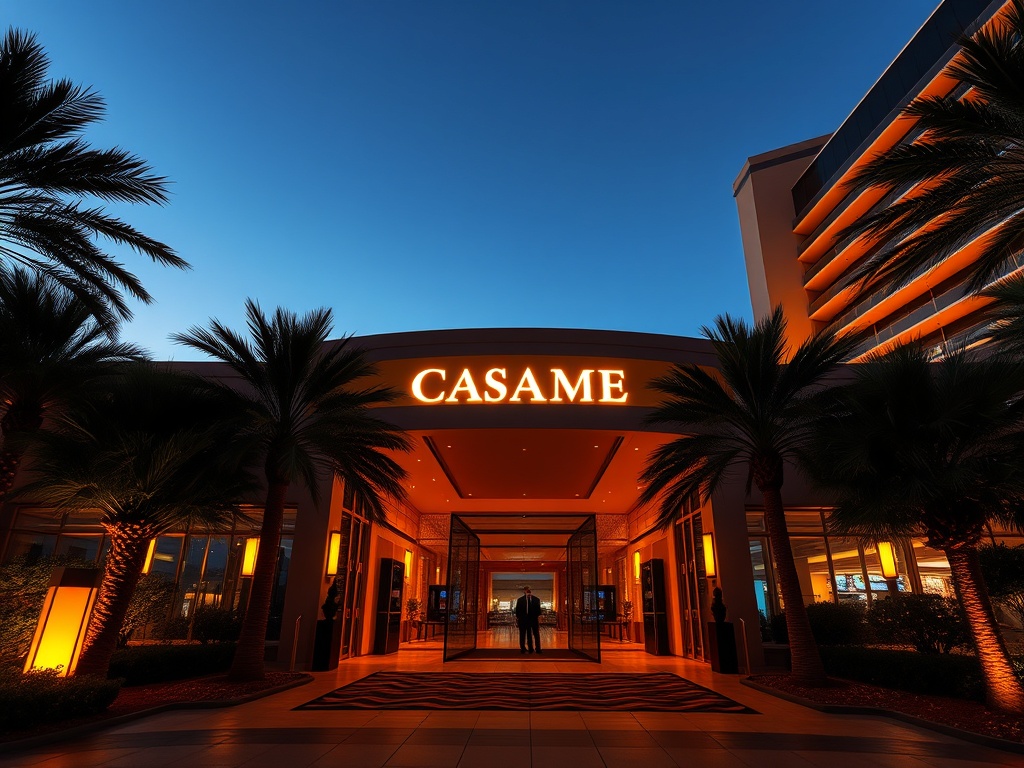 "luxury casino hotel entrance in Australia at twilight, golden glow, palm silhouettes, elegant doormen, VIP atmosphere, high-stakes gaming lights reflecting, sleek modern architecture, ocean-inspired skyline" You MUST not include ANY brand images or logos