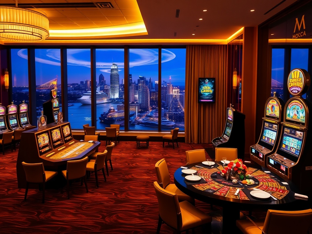Elegant casino hotel interior with golden gaming tables, glowing slots, VIP suite window overlooking Australian skyline, luxury dining table with fine cuisine, nightlife ambiance.