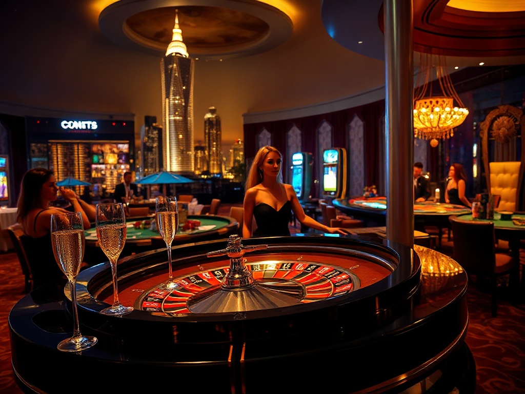 "Luxury casino hotel night scene in Australia, golden skyline glow, elegant roulette table, sparkling champagne, glamorous guests in VIP mood, neon reflections, cinematic lighting." " "You MUST not include ANY brand images or logos. You may ONLY reply wit