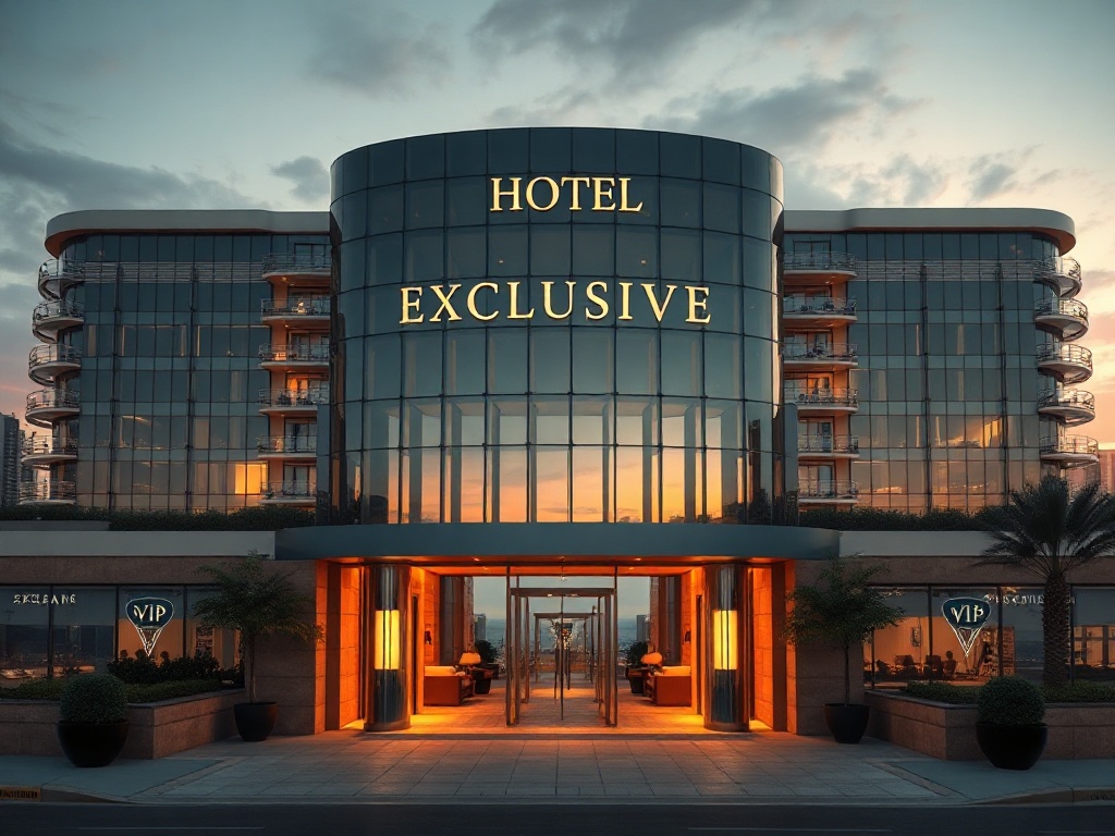 A glamorous luxury casino hotel exterior at dusk in Australia, “golden lights” reflecting on glass, “exclusive VIP entrance”, “ocean skyline” view, elegant suite windows.