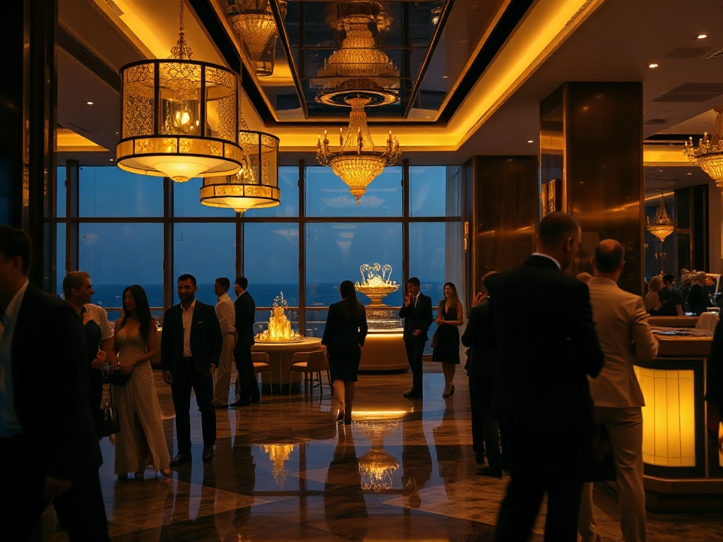 A glamorous Australian luxury casino hotel lobby at night, warm golden lighting, elegant guests smiling, subtle VIP atmosphere, ocean skyline through windows, cinematic depth.