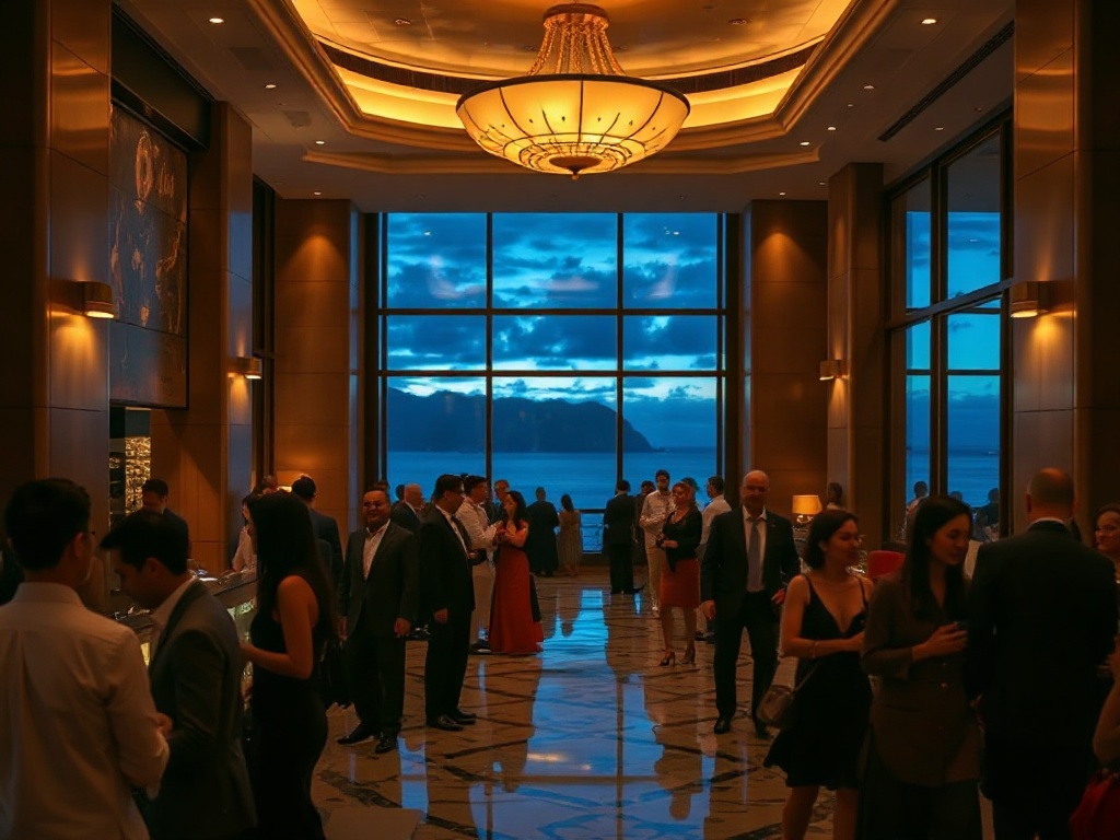 A glamorous Australian luxury casino hotel lobby at night, warm golden lighting, elegant guests smiling, subtle VIP atmosphere, ocean skyline through windows, cinematic depth.
