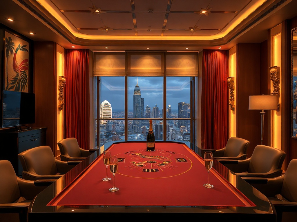 "luxury casino hotel interior" "golden ambient lighting" "VIP suite lounge" "palm-lined Australian skyline view" "silk curtains" "glossy poker table" "champagne" "nightlife vibe" "high-roller atmosphere"