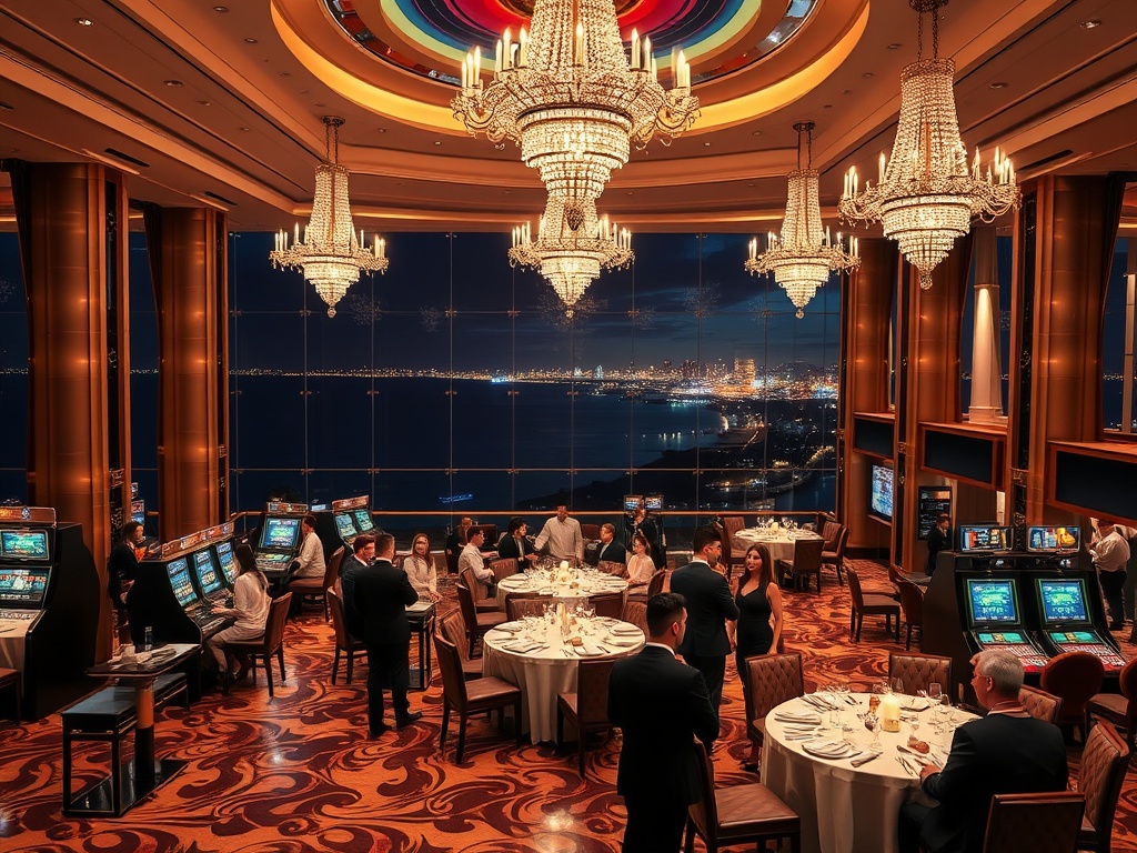 A glamorous luxury casino hotel lobby at night with panoramic Australian coastline lights, elegant VIP guests smiling, sparkling chandeliers, velvet gaming tables, fine dining plates, warm ambience.