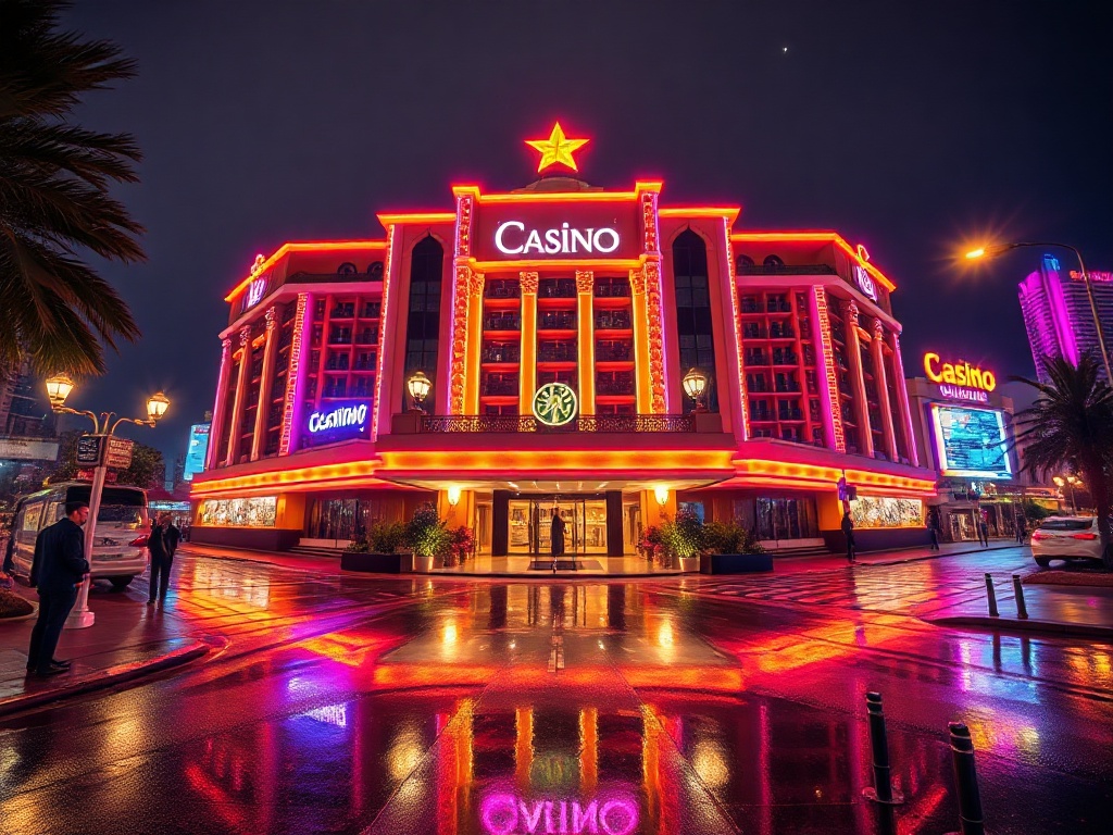 A glamorous Australian luxury casino hotel at night, neon reflections in wet streets, elegant entrance, VIP silhouettes, sparkling skyline, warm five-star glow.