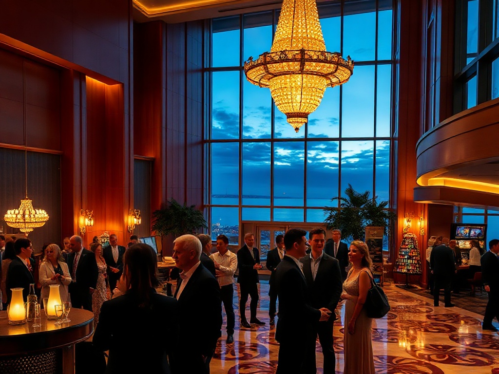 A glamorous Australian luxury casino hotel lobby at night, warm golden lighting, elegant guests smiling, subtle VIP atmosphere, ocean skyline through windows, cinematic depth.