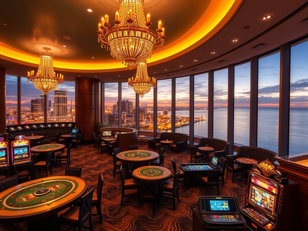 A lavish Australian casino hotel lounge at dusk, “golden skyline views,” “silk chandeliers,” “refined gaming tables,” “glowing slot machines,” “VIP suite balcony” with ocean breeze, cinematic lighting. "You MUST not include ANY brand i