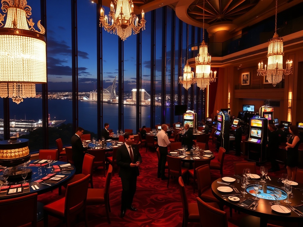 A glamorous luxury casino hotel lobby at night with panoramic Australian coastline lights, elegant VIP guests smiling, sparkling chandeliers, velvet gaming tables, fine dining plates, warm ambience.