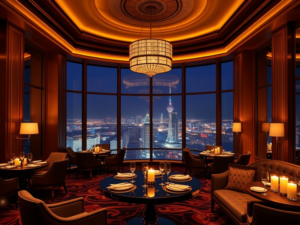 "glowing luxury casino interior" "elegant panoramic windows" "five-star suite lounge with skyline" "refined candlelit dining" "champagne ambiance" "nightlife lights"