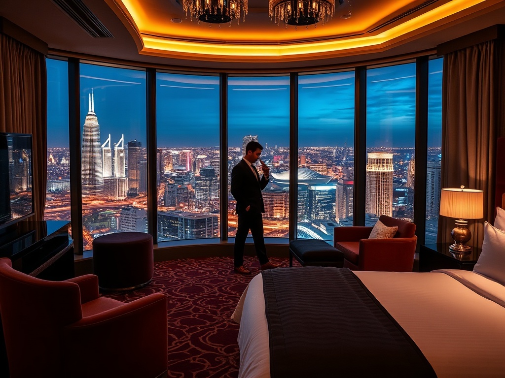 "luxury VIP casino suite interior with panoramic Australian city lights, plush bedding, velvet lounge, discreet concierge silhouette, warm gaming glow beyond glass."