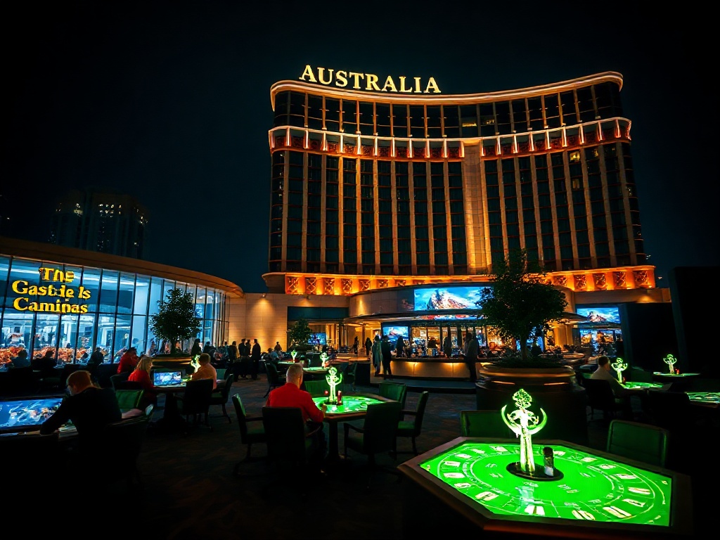 “luxury Australia casino hotel facade at night” “glowing high-stakes gaming tables inside via glass” “elegant VIP lounge silhouettes” “five-star suite skyline view” “stylish event stage lights”