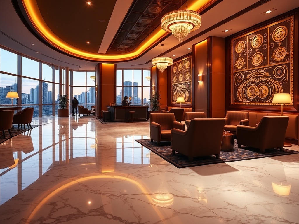 “luxury casino hotel lobby with warm golden lighting,” “marble floor reflecting soft glow,” “VIP velvet lounge chairs,” “floor-to-ceiling windows with Australian skyline,” “five-star atmosphere.”