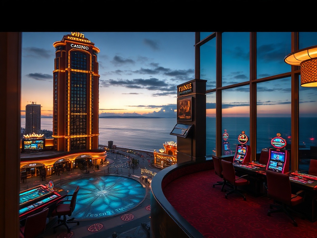 Luxurious casino hotel at dusk beside the ocean, neon-lit gaming floor, elegant VIP suite windows with iconic views, refined upscale atmosphere.