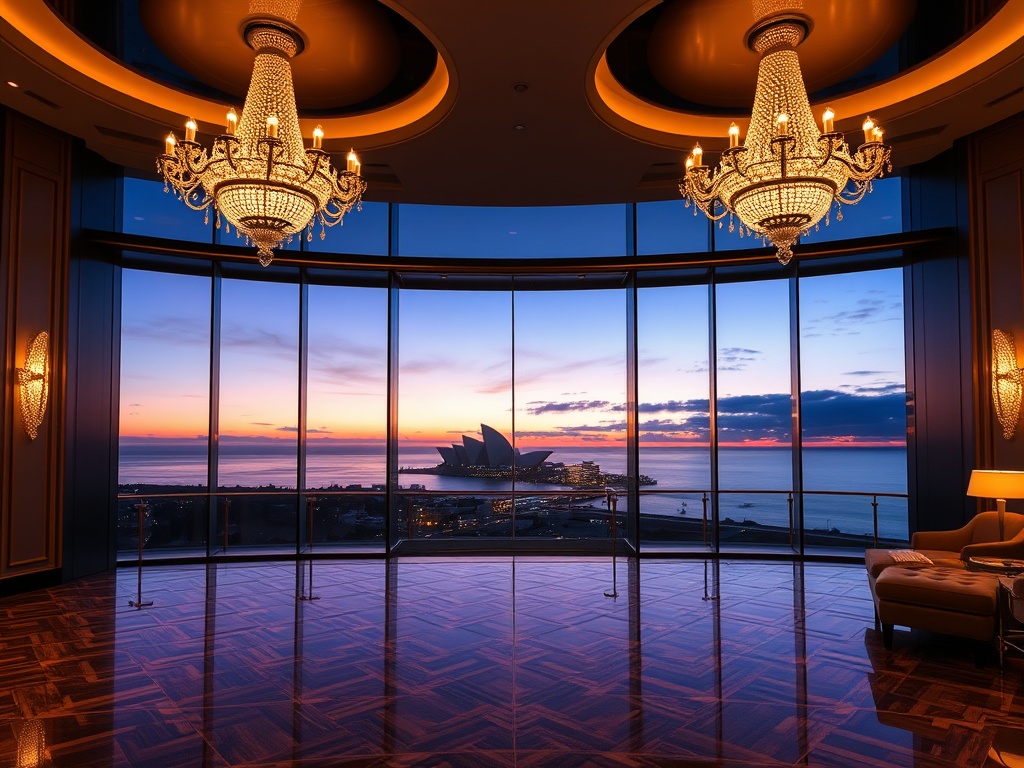 "luxury casino hotel entrance at dusk" "glowing chandeliers" "sleek high-stakes gaming floor" "panoramic Australian coast view" "elegant VIP suite ambiance"