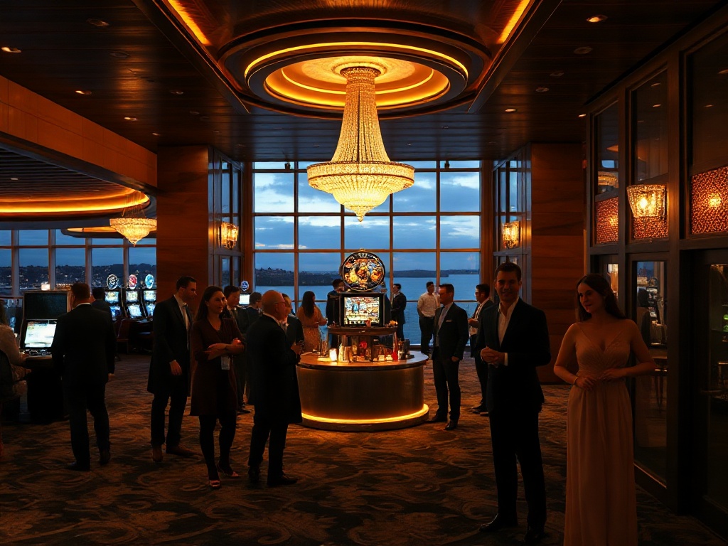 A glamorous Australian luxury casino hotel lobby at night, warm golden lighting, elegant guests smiling, subtle VIP atmosphere, ocean skyline through windows, cinematic depth.