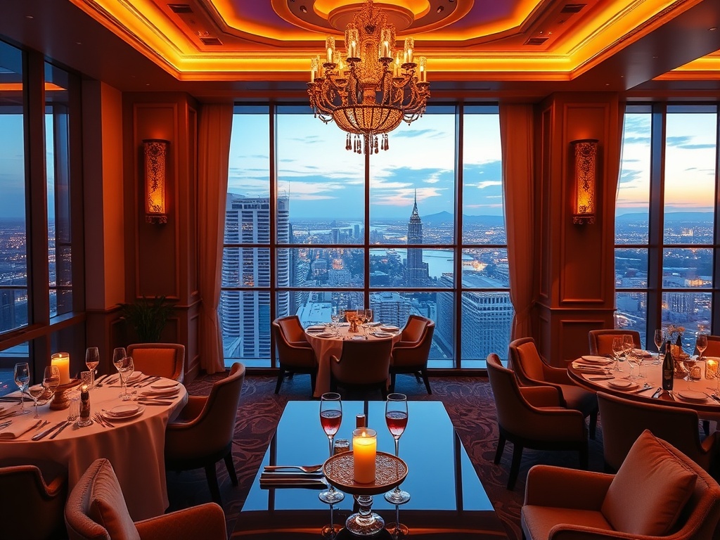 "glowing luxury casino interior" "elegant panoramic windows" "five-star suite lounge with skyline" "refined candlelit dining" "champagne ambiance" "nightlife lights"