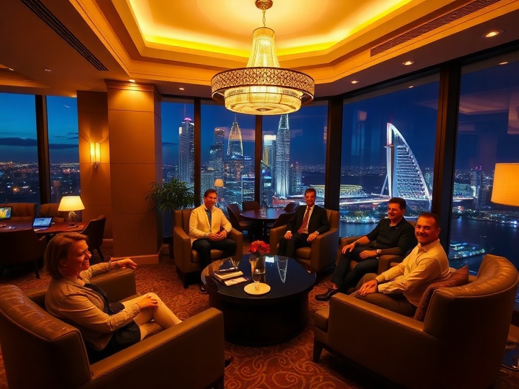“luxury casino hotel lounge at night with warm lighting” “VIP suite living area” “panoramic Australian skyline view” “smiling upscale guests” “subtle gaming ambiance”