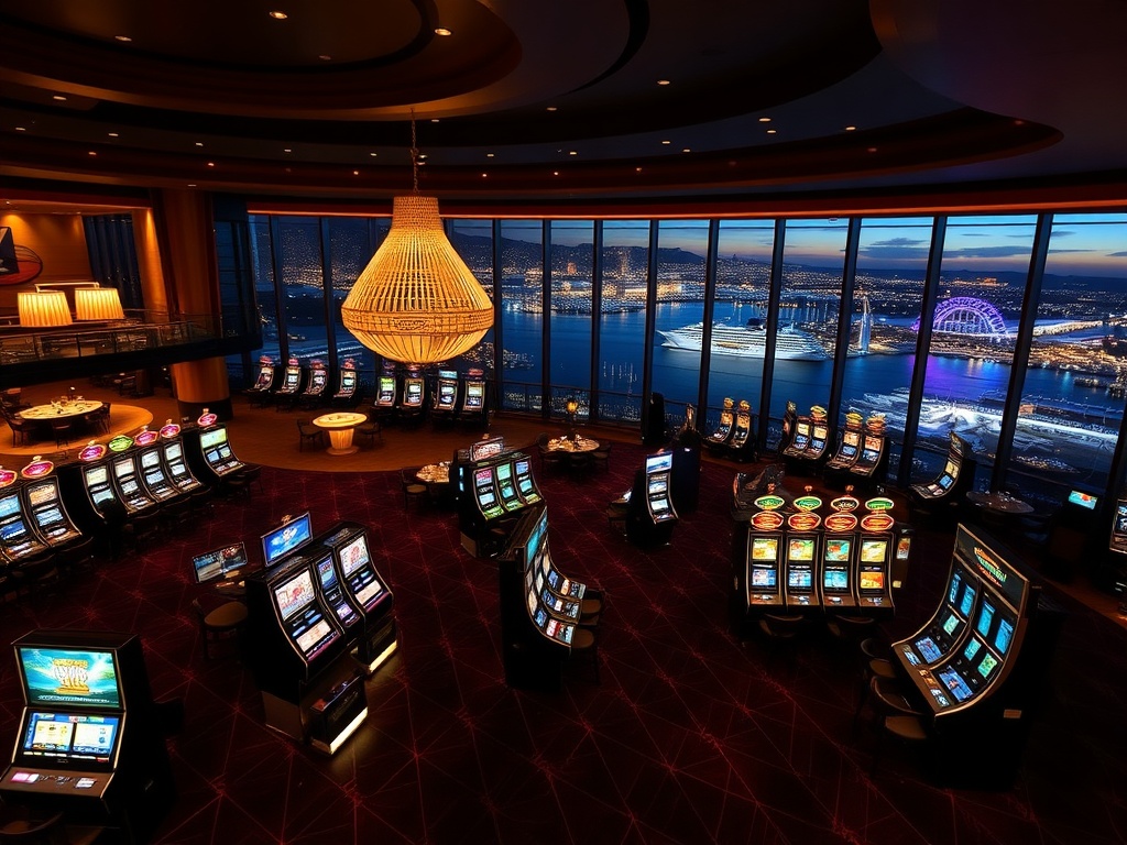 "A luxurious Australian casino hotel lobby at night" "glowing gaming tables and slot machines" "VIP lounge silhouettes" "panoramic harbor lights beyond" "five-star dining glow" "cinematic lighting"