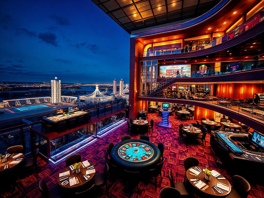 A luxurious Australian casino hotel at night, panoramic suites with warm light, elegant dining reflections, high-end VIP lounge glow, energetic nightlife.