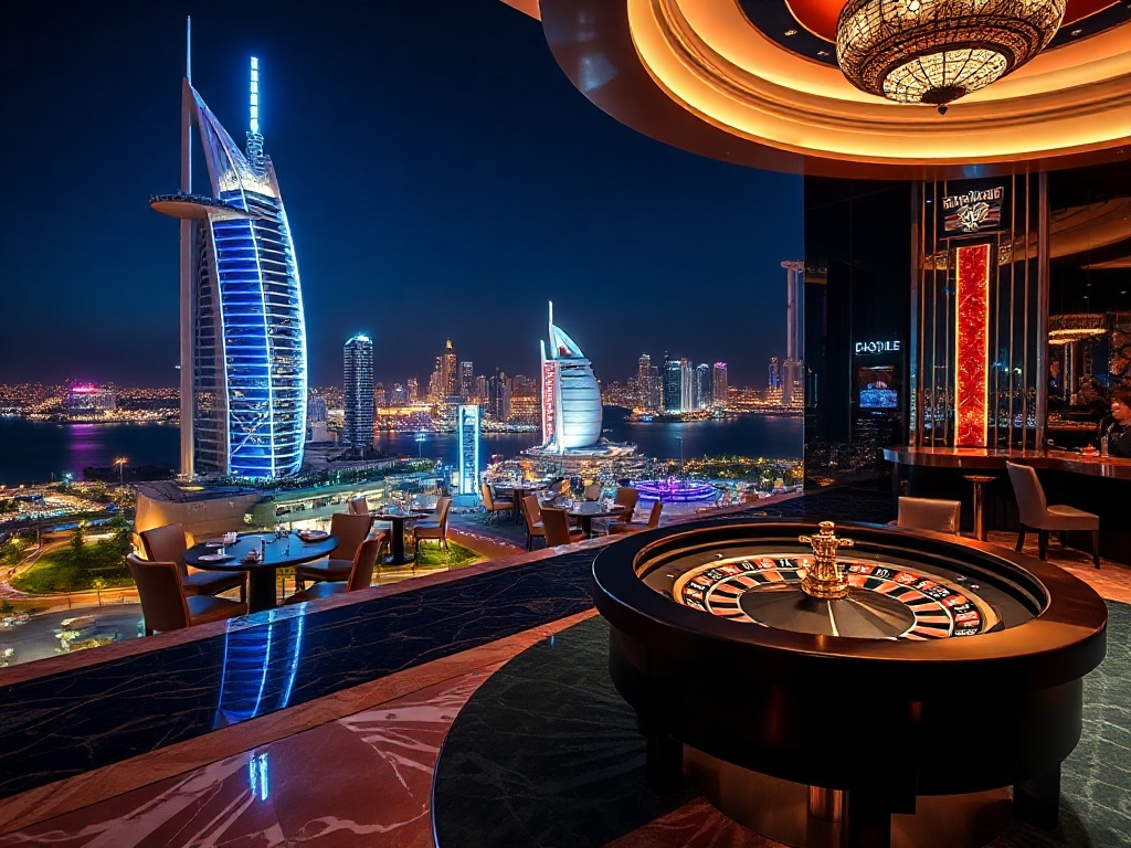 Luxurious Australian casino hotel at night, neon reflections on marble, elegant VIP lounge glow, high-stakes roulette table ambiance, skyline and ocean backdrop, upscale styling