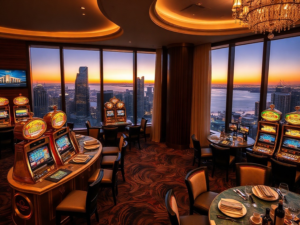 Elegant casino hotel interior with golden gaming tables, glowing slots, VIP suite window overlooking Australian skyline, luxury dining table with fine cuisine, nightlife ambiance.