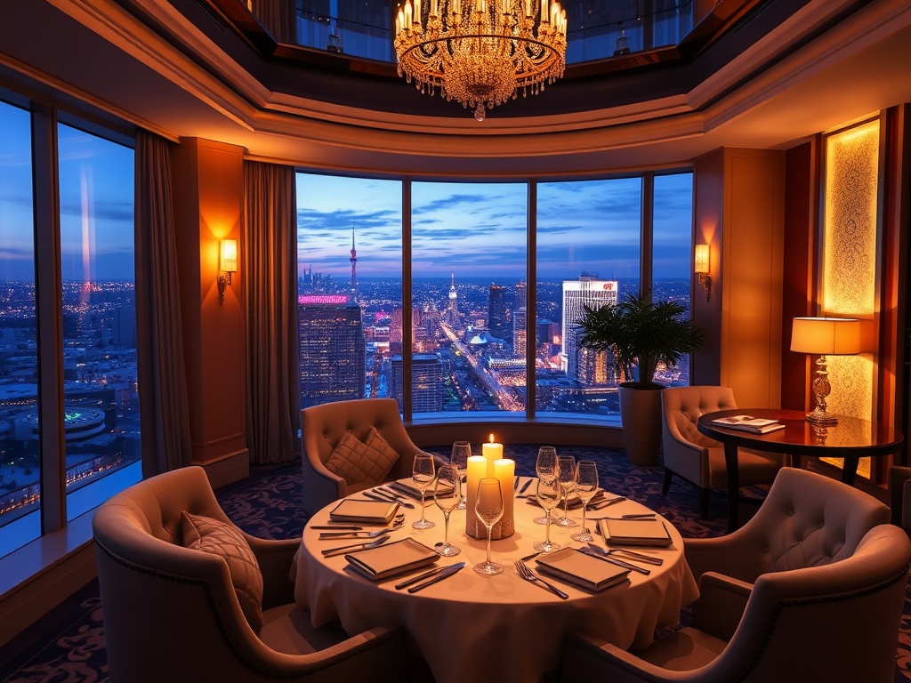"glowing luxury casino interior" "elegant panoramic windows" "five-star suite lounge with skyline" "refined candlelit dining" "champagne ambiance" "nightlife lights"