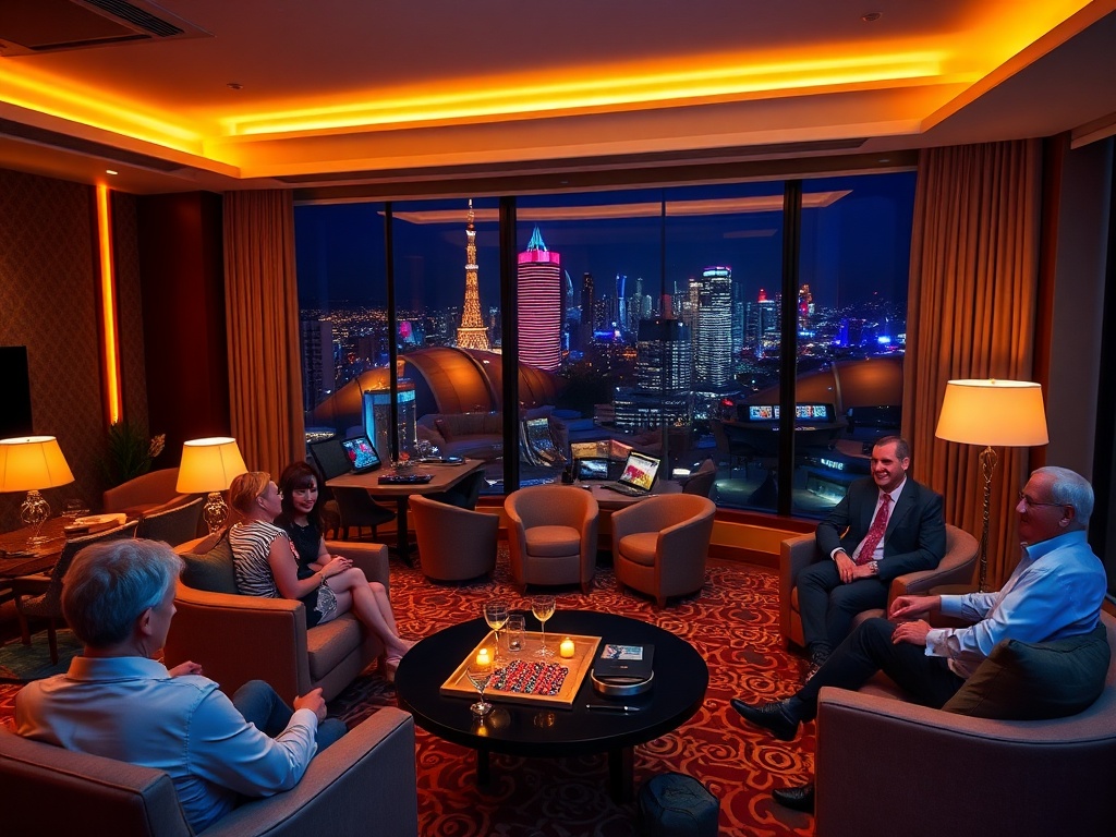 “luxury casino hotel lounge at night with warm lighting” “VIP suite living area” “panoramic Australian skyline view” “smiling upscale guests” “subtle gaming ambiance”