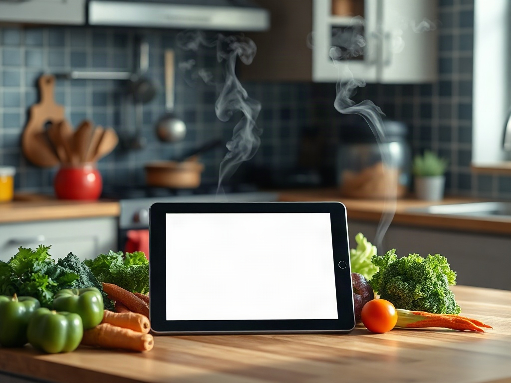 "A cozy kitchen counter with fresh keto ingredients, a tablet displaying a blank recipe cover, swirling steam, subtle lock symbol, warm lighting, modern" "composition"