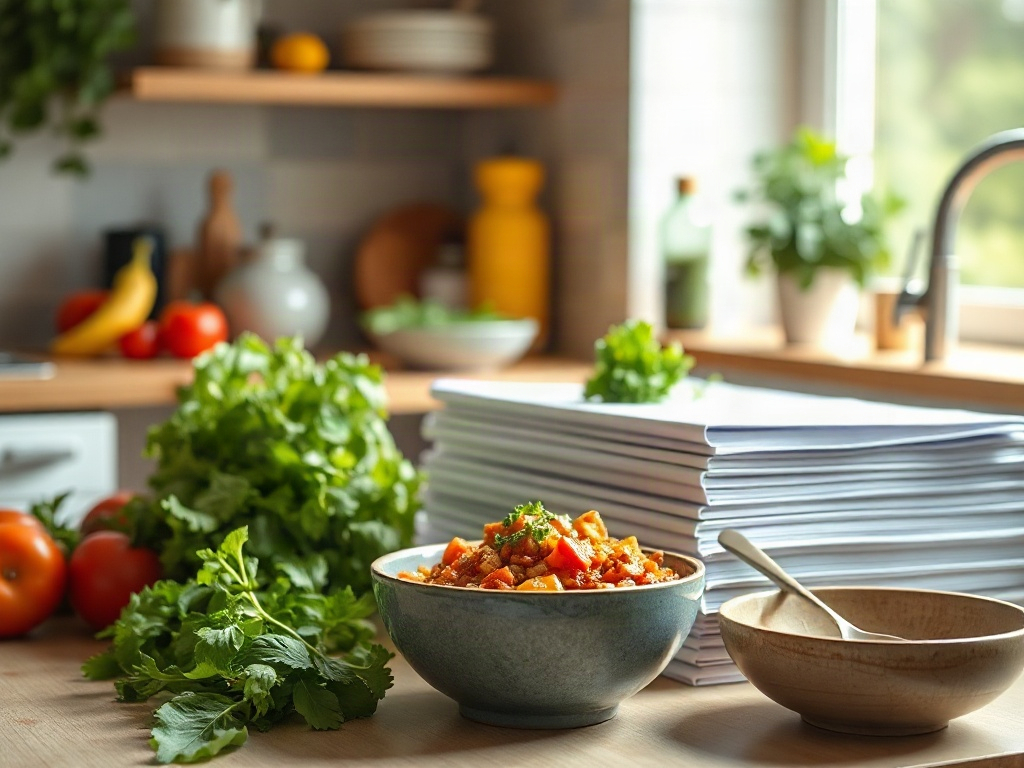 "glossy keto ingredients" "stack of blank cookbook pages" "warm kitchen light" "fast meal vibes" "low-carb bowls" "fresh herbs" "minimal, inviting style"