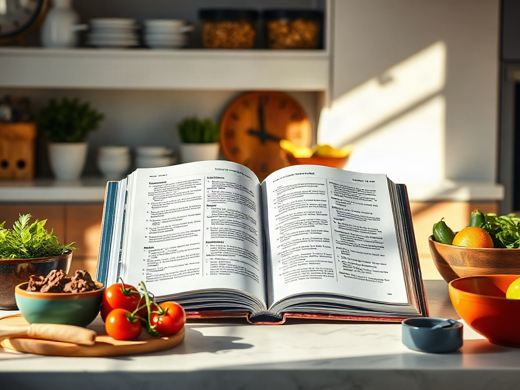"A sleek open cookbook on a kitchen counter, surrounded by fresh low-carb ingredients, vibrant bowls, and a subtle clock motif, warm natural light"