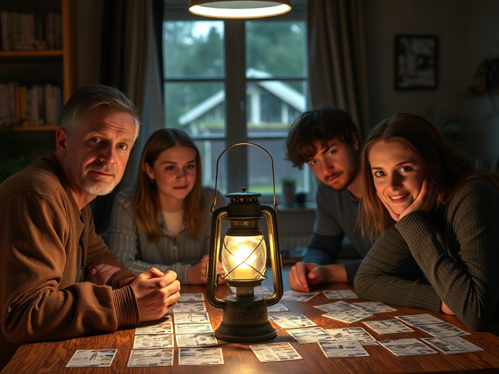 A calm Dutch family at home during a staged blackout, candle and lantern light, faces focused, laminated cards on table, warm realistic mood"