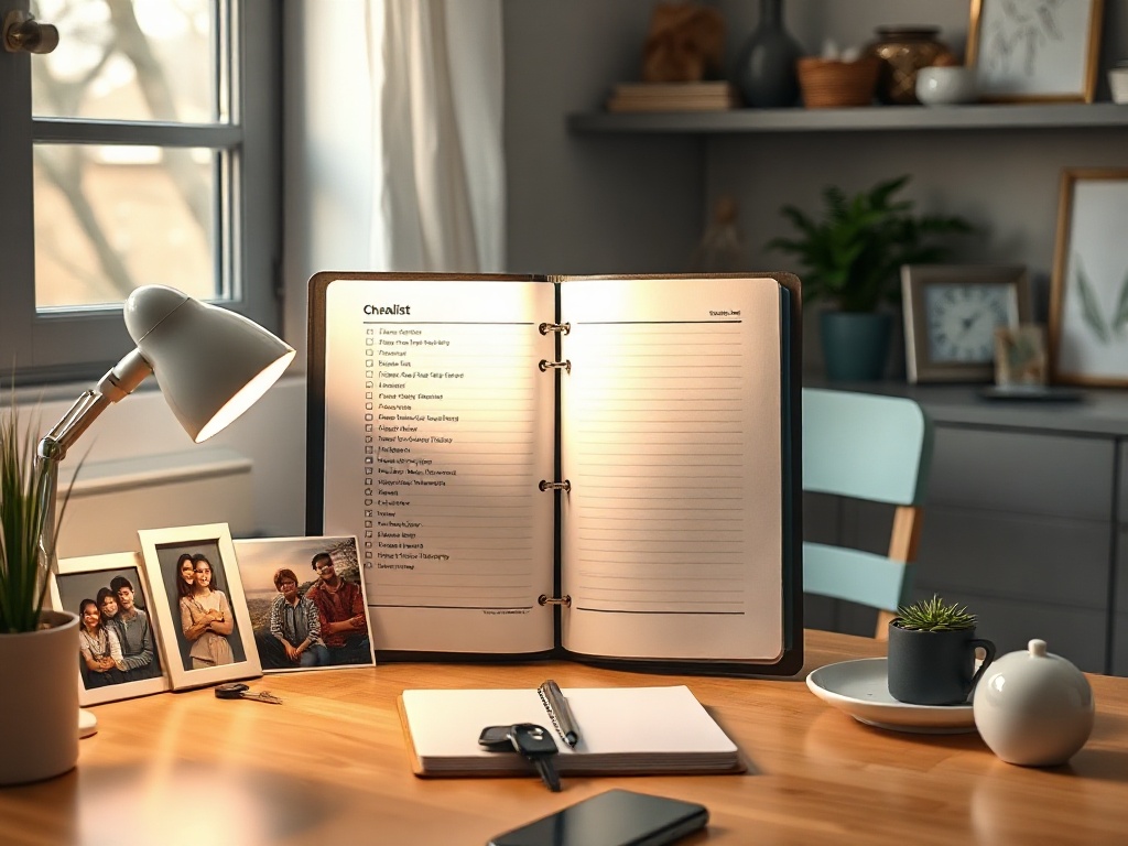 A calm home interior with an open blank checklist folder, family photos, keys, emergency icons, warm lighting, neat desk arrangement, tranquil mood, ready-for-print aesthetic.