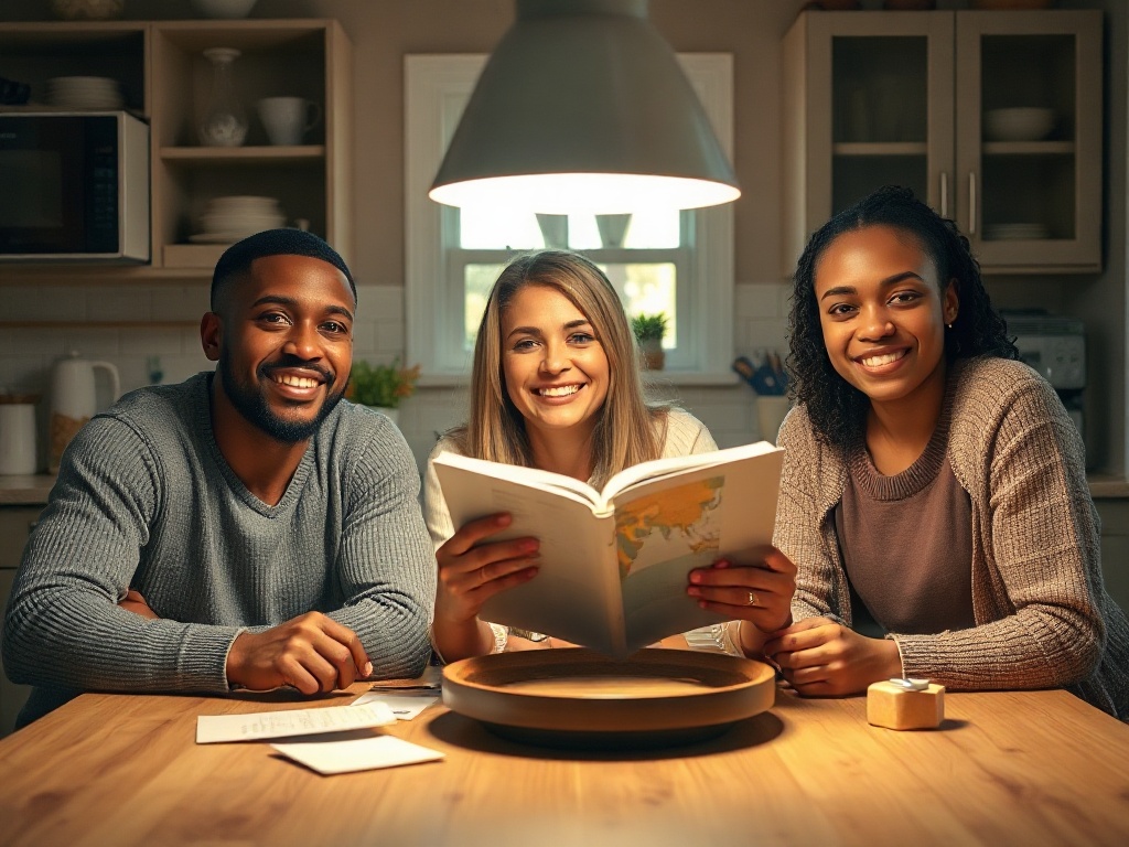 Three diverse adults around a kitchen table, warm lamplight, calm smiles, one holding a guidebook, sticky notes and cards, cozy preparedness vibe. "